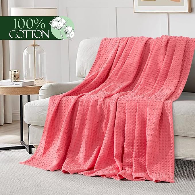 Elegant Comfort Premium 100% Cotton Waffle Blanket - Lightweight Breathable Waffle Weave Bed Blanket - Soft and Warm All Season Blanket for Couch, Sofa and Bed, Full Size 88x88 Inches, Coral