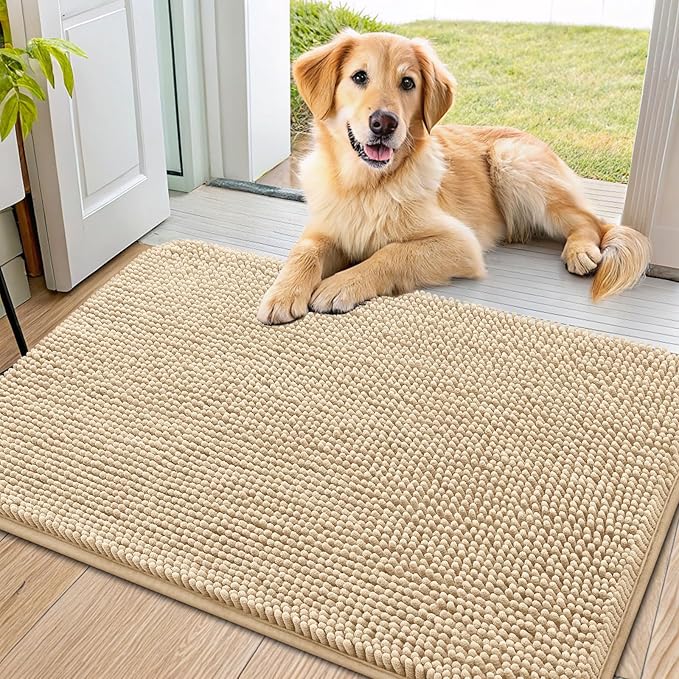 Smiry Dog Door Mat for Muddy Paws 34x21, Absorbent Dirt Trapper, Non-Slip Washable Chenille Entryway Rug for Inside Floor, Beige, Classic Solid