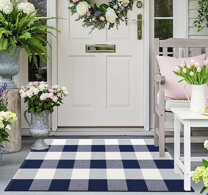 Blue and White Front Door Mat 24''X35'' Buffalo Plaid Checked Front Porch Rug Cotton Woven Washable Rug Layering Doormat for Welcome Door Mat Entryway Dining Room Bedroom Living Room
