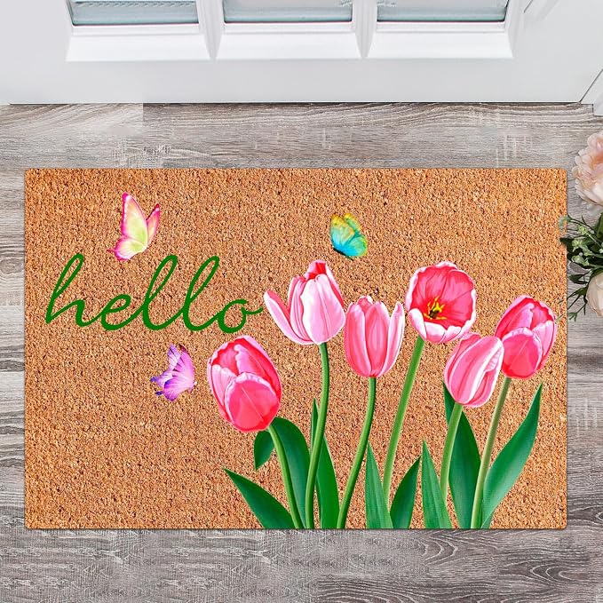 Ceenna Spring Welcome Coir Doormat Outdoor Hello Spring Front Door Mat Tulip Butterfly Coir Doormat with Non Slip Backing February Romantic Mat Front Porch Rugs for Home Entrance, 16 x 28 Inches