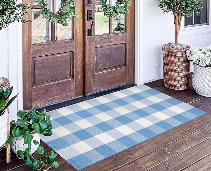 Front Porch Rug 24''x51''Light Blue and White Outdoor Rug Cotton Woven Washable Door Mat Outdoor for Layered Hello Welcome Door Mat Kitchen Farmhouse Entryway