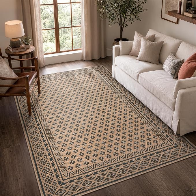 LIVEBOX Easy Jute Indoor Outdoor Rug 5x7, Black Washable Rugs for Living Room Bedroom, Non Slip Outdoor Area Rug for Patio Backyard, Farmhouse Neutral Carpet Floor Mat for Dining Room Deck Porch