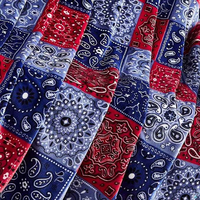 Lucky Brand 50" x 70" Plush Throw Blanket, Bandanny Blue/Red | Blanket for Sofa or Bed