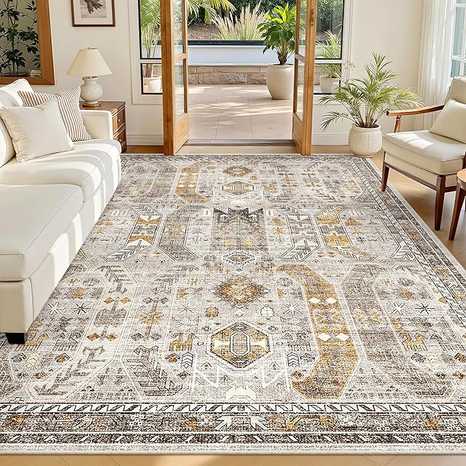 Madane 5x7 Area Rugs for Living Room, Stain Resistant Washable Rugs, Non-Slip Backing Area Rug, Vintage Home Decor Rug for Bedroom (Brown/Gold, 5'x7')