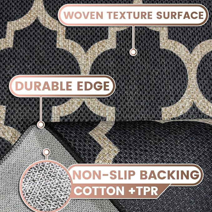 Washable 3x5 Moroccan Trellis Easy Jute Rug, Black Neutral Boho Outdoor Indoor Patio Small Area Rugs, Woven Ultra Thin Non Slip Carpet Door Mat for Entryway Front Door Porch Backyard Kids Playroom