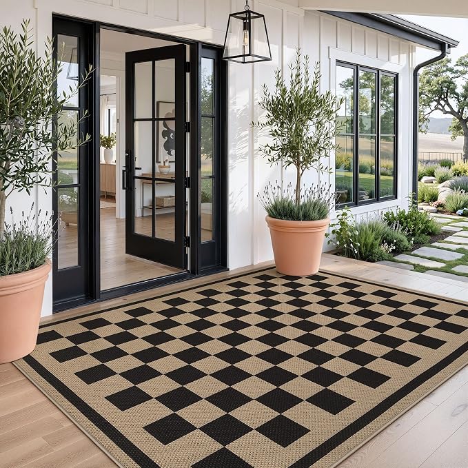 Tribesigns 5x7 Black Checkered Easy Jute Outdoor Patio Rug for Backyard | Washable, Non-Slip Geometric Rug for Living Room, Porch, Dining Area, Rv and Indoor Outdoor Use, Includes 4 Rug Grippers