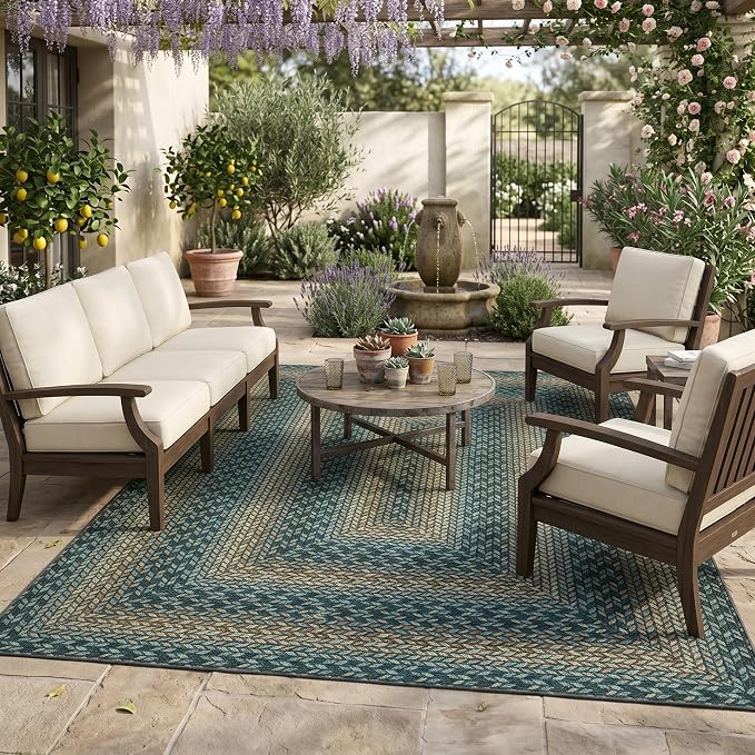 Garvee Indoor Outdoor Rug 8x10 Easy Jute Washable Rug Non Slip Braided-Print Neutral Rugs for Living Room Ultra-Thin Non-Shedding Farmhouse Rugs Foldable Carpet for Bedroom Kitchen Porch Green/Camel