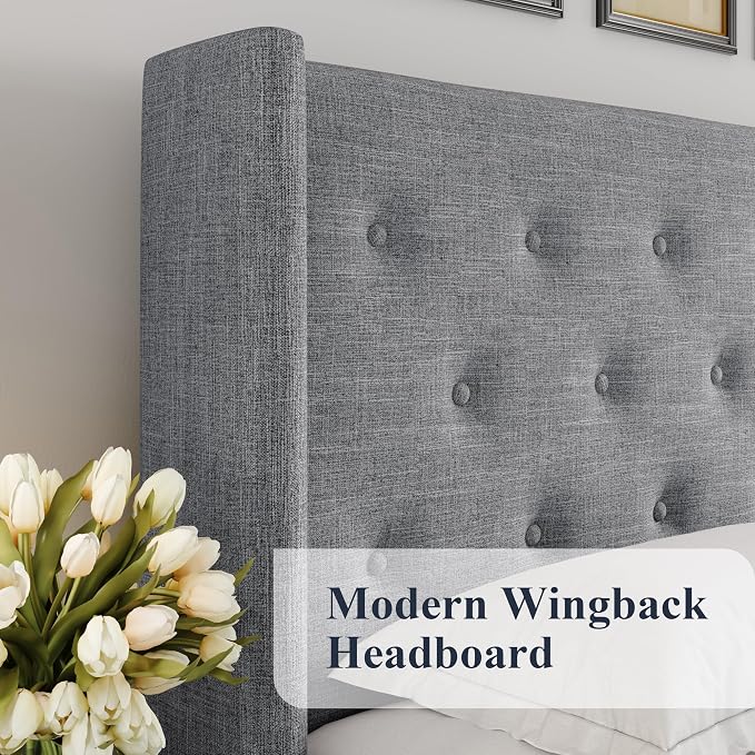 Allewie Queen Size Lift Up Storage Button-Tufted Bed Frame Light Grey | Modern Wingback Headboard, Hydraulic Support Storage, No Box Spring Needed