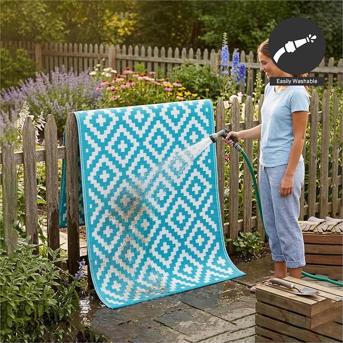 FH Home Outdoor Rug - Waterproof, Fade Resistant, Reversible - Premium Recycled Plastic - Geometric - Porch, Deck, Balcony, Mudroom, Laundry Room, Patio - Aztec - Teal & White Crease Free - 3 x 5 ft