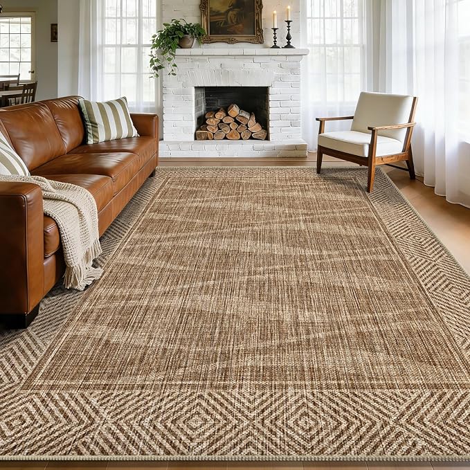 Easy Jute Rug 8x10 Outdoor Patio Rug with Border, Washable Farmhouse Non Slip Living Room Rug with Rubber Backing Indoor Outdoor, Non Shedding Carpet for Bedroom, Courtyard, Light Brown