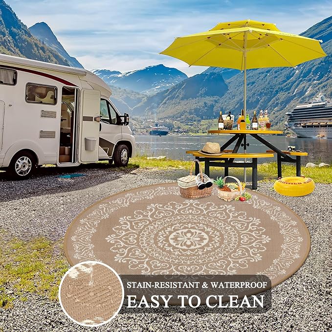 Pauwer Outdoor Rug 6ft, Waterproof Plastic Straw Camping Rug, Floral Brown | Reversible Patio Rug, UV Resistant Indoor Outdoor RV Mat Carpet For Deck, Camper, Porch, Balcony, Backyard, Picnic, Foldable