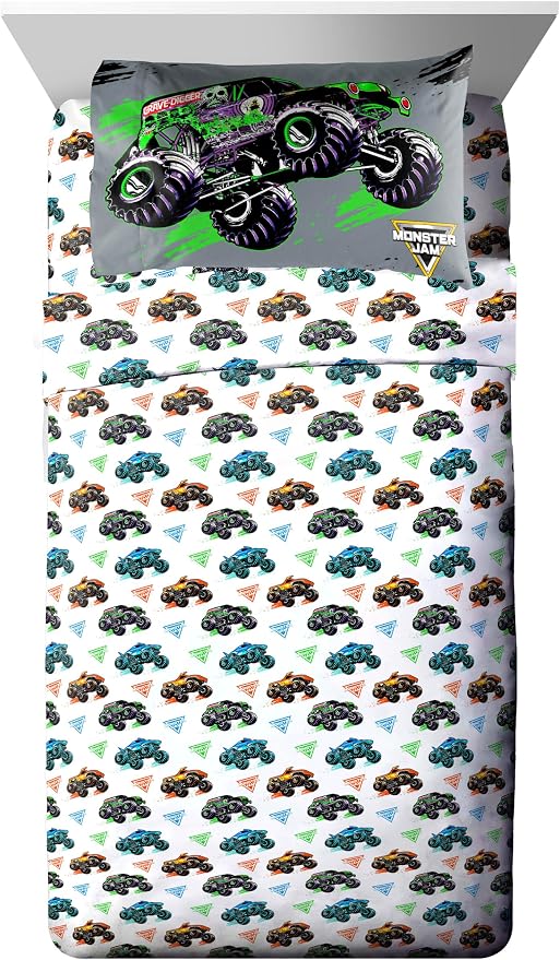 Monster Jam Trucks Twin Comforter Set 5 Piece Kids Bedding for Boys, Black | Grave Digger Megalodon, Comforter Sheets Sham Pillowcase, Official Product, Soft Microfiber, Machine Washable, Boys Gift