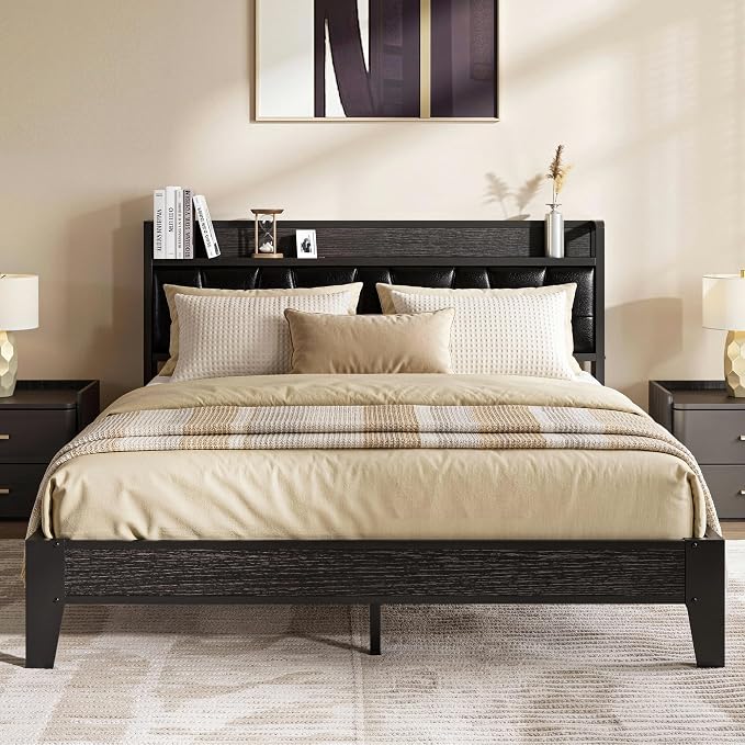 LIKIMIO Full Size Bed Frame, PU Leather Storage Headboard with Charging Station, Solid and Stable, Noise Free, No Box Spring Needed, Easy Assembly, Black