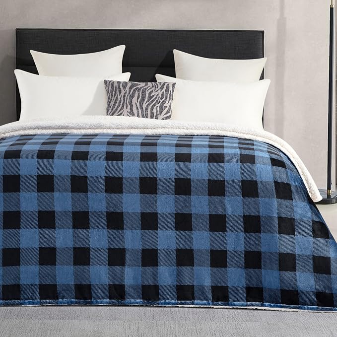 Elegant Comfort Ultra Soft Reversible Buffalo Plaid Flannel Sherpa Blanket - Cozy Silky Checkered Fleece Throw for Couch, Bed - Plush Fuzzy Warm Winter Blanket for Gift, King, Blue