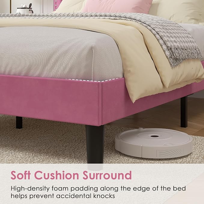VECELO Queen Size Platform Bed Frame with Height Adjustable Upholstered Headboard, Modern Mattress Foundation,Strong Wood Slat Support, No Box Spring Needed, Easy Assembly,Pink