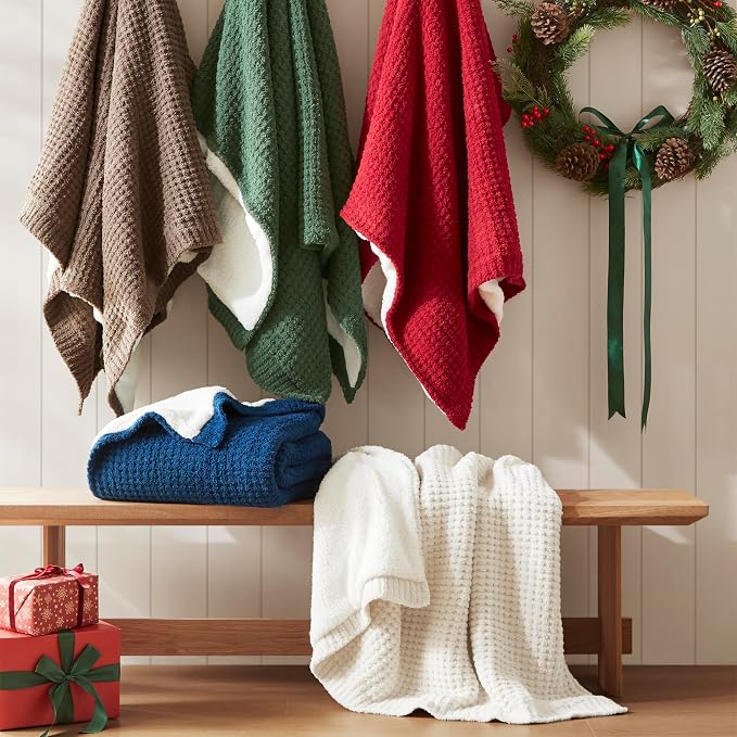 Madison Park Rowan Sherpa Throw Blanket Waffle Weave, 50 x 60, Ivory | Cozy Warmth for Sofa or Bed, Reversible, Lightweight, Farmhouse, OEKO-TEX Certified