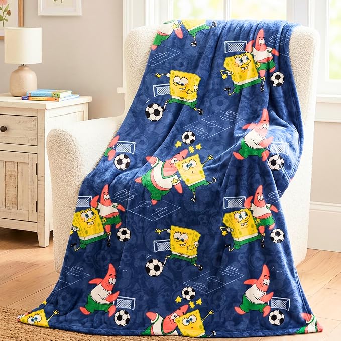 Spongebob Squarepants Kids Sports Soccer Throw, 46 in x 60 in, Soft Plush Blanket for Couch, Bed, or Sporting Events, 2026 World Tournament (Officially Licensed Product) by Franco