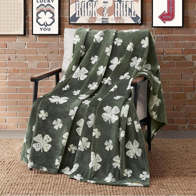 Lucky Brand 50" x 70" Plush Throw Blanket, Clover Green Blanket for Sofa or Bed