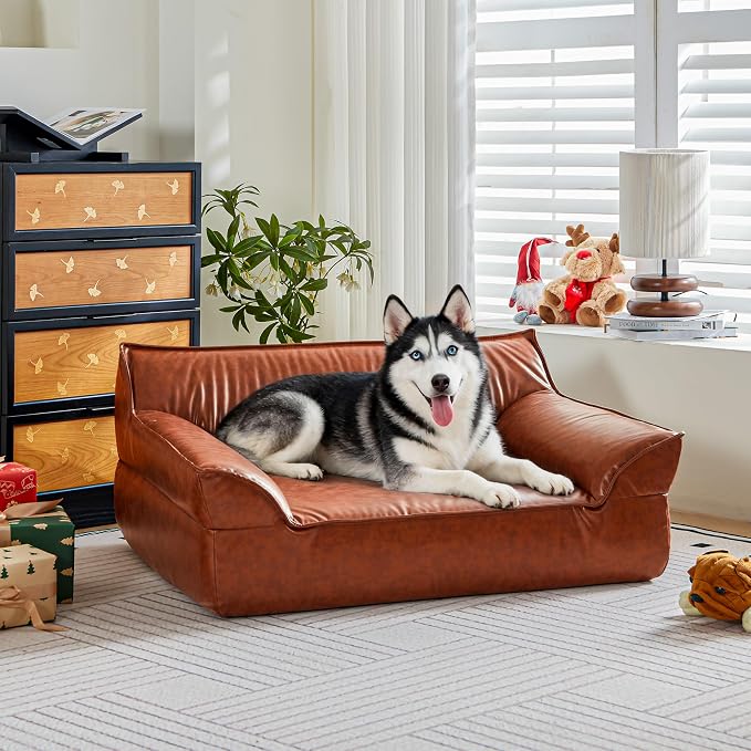 Large Leather Dog Sofa Pet Bed Couch for Large and Medium Dogs Under 70 lbs, Brown Luxurious Vintage Elevated Dog Sofa Chaise Indoor Furniture Style Pet Supplies Low Maintenance