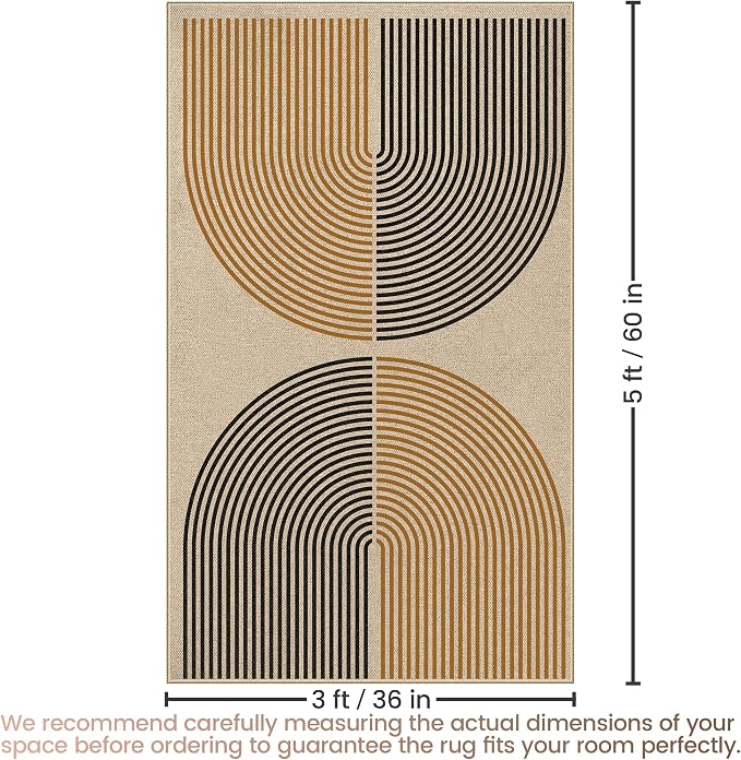 Washable Rainbow Easy Jute Rug, 3x5 Outdoor Indoor Patio Modern Geometric Contemporary Small Area Rugs, Low Pile Lightweight Non Slip Neutral Carpet Door Mat for Bedroom Entryway Front Door Farmhouse