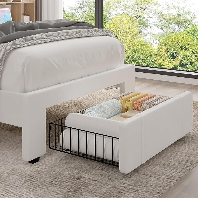 VECELO Twin Size Upholstered Bed Frame with Drawer and Headboard, Velvet Platform Storage Bedframe, Wooden Slats Support, No Box Spring Needed, White