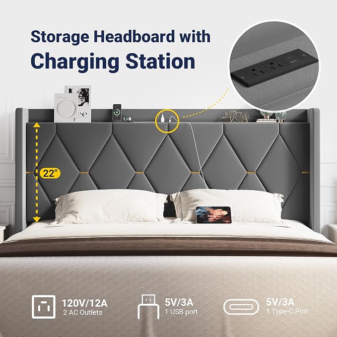 Allewie King Size Bed Frame with Storage Headboard & Charging Station | Diamond Tufted Design & Gold Trim, Velvet Upholstered Platform Bed, No Box Spring Needed, Easy Assembly, Noise-Free, Grey