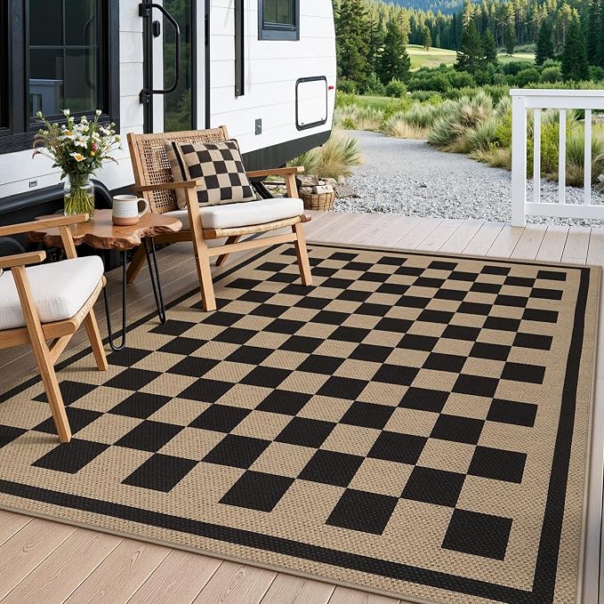 Tribesigns 5x7 Black Checkered Easy Jute Outdoor Patio Rug for Backyard | Washable, Non-Slip Geometric Rug for Living Room, Porch, Dining Area, Rv and Indoor Outdoor Use, Includes 4 Rug Grippers
