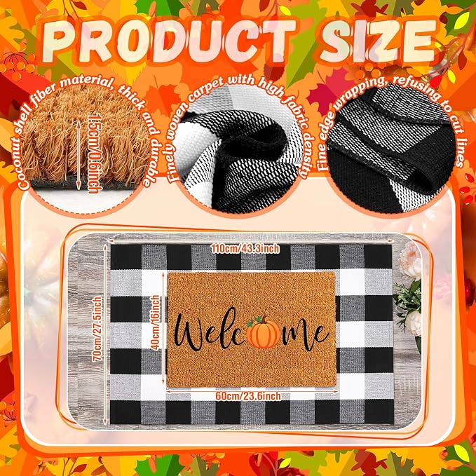 Moucuny 2 Pcs Fall Coir Doormat Outdoor 16'' x 28'' Pumpkin Welcome Doormat Layered 24'' x 35'' Buffalo Black and White Plaid Rug Fall Non Slip Floor Mat Fot Autumn Entrance Porch Front Decor