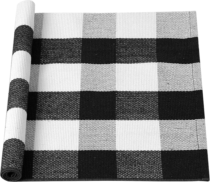 uxcell Buffalo Check Rug,Plaid Outdoor Rug,Layered Door Mat,Cotton Gingham Rugs,Floor Mat for Front Porch/Runner/Bedroom/Kitchen/Farmhouse 35"x24" Black & White