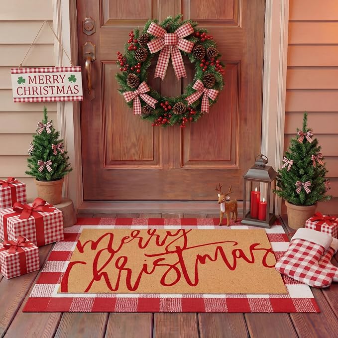 Tinideya 2 Pcs Door Mat Welcome Non Slip Coir Mats Floor Layering Doormats Seasonal for Front Porch Entryway Decor (23.6 x 35.4 Inches, Red White Plaid, Red White)