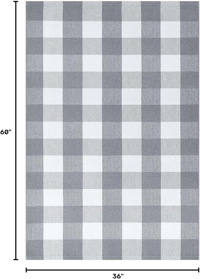 KOZYFLY Buffalo Plaid Area Rugs 3x5 Grey and White Washable Front Door Mat Woven Cotton Indoor Outdoor Rug for Front Porch Kitchen Entryway Patio Farmhouse Checkered Doormat