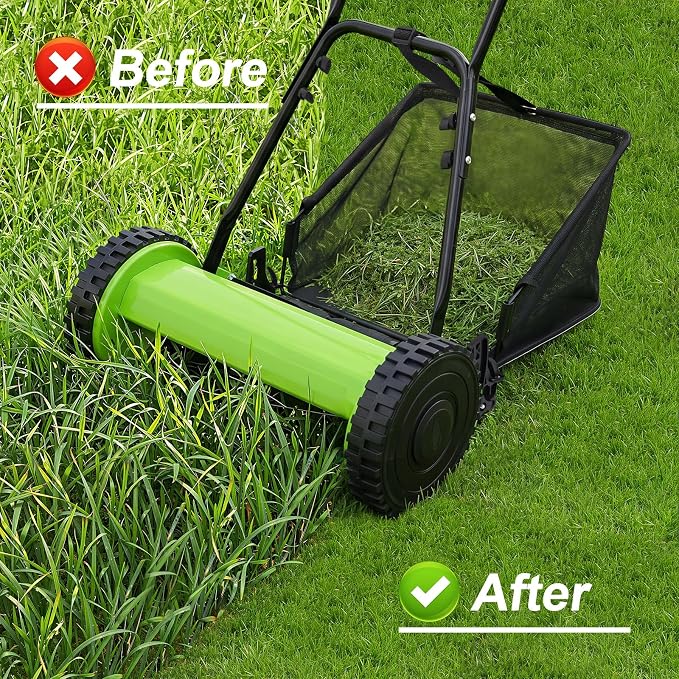 12in 5-Blade Push Reel Lawn Mower Manual Lawn Mower, Walk-Behind Lawn Mower with 6 Gallons Grass Catcher, 0.47-1.77 inches Manual Adjustable Cutting Height, for a Green Healthy Lawn (Green, 12in)