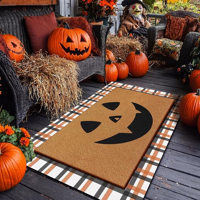 Tinideya 2 Pcs Door Mat Welcome Non Slip Coir Mats Floor Layering Doormats Seasonal for Front Porch Entryway Decor(23.6 x 35.4 Inches,Halloween,Orange, Black)