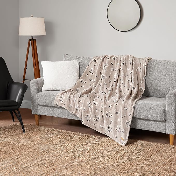 Lucky Brand Cozy Plush Blanket - Premium Microfiber Throw for Luxurious Comfort and Style, 50" x 70", Daisy Beige Floral