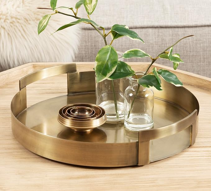 Kate and Laurel Myo Transitional Metal Round Tray; 15 x 15; Brass; Modern Glam Circular Decorative Serving Tray with Handles for Storage; Display; and Decor