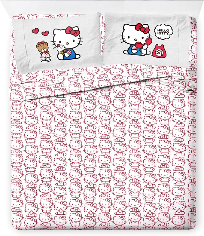 Sanrio Hello Kitty Full Comforter Set 7 Piece Bedding for Girls, Grey | Bed in a Bag, Comforter Sheets Shams Pillowcases, Official Product, Soft Microfiber, Machine Washable, Girls Gift