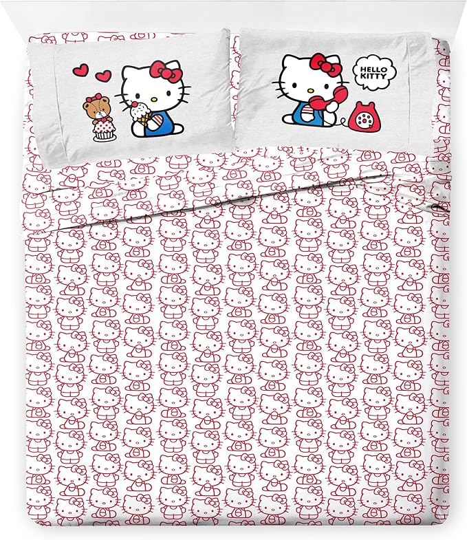 Sanrio Hello Kitty Queen Comforter Set 7 Piece Bedding for Girls, Grey | Bed in a Bag, Comforter Sheets Shams Pillowcases, Official Product, Soft Microfiber, Machine Washable, Girls Gift