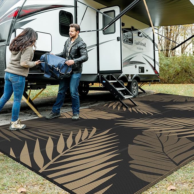GENIMO Outdoor Rug, Waterproof Plastic Rugs 10'x20' for Camping Black Brown | Outside Larger Leaf Carpet Mat for Patio Decor, RV, Porch, Camper, Deck, Picnic, Beach, Backyard, Reversible, Foldable