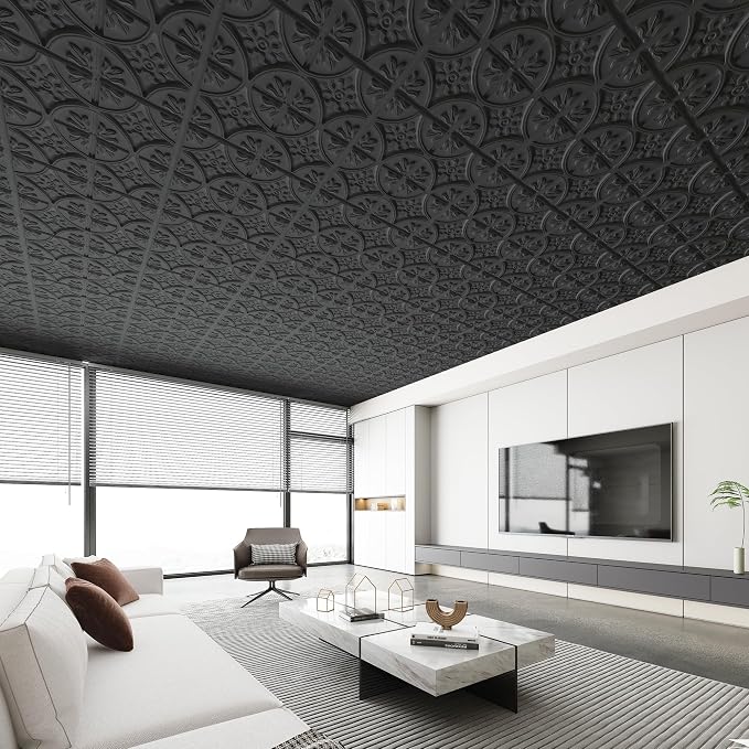 Art3d Drop Ceiling Tiles 24x24in. (12-Pack, 48 Sq.ft), Wainscoting Panels Glue Up 2ft x 2ft for Interior Décor in Living Room, Bedroom & Office, Star Black | PVC, Water Resistant, Shatterproof, Fade-Resistant, Compatible with Grid System, Versatile for...