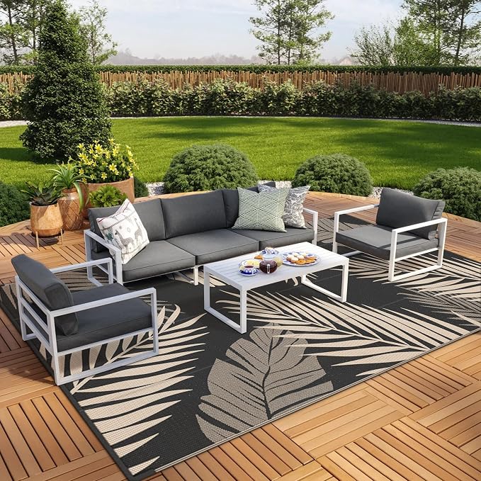 GENIMO Outdoor Rug, Waterproof Plastic Rugs 9'x18' for Camping Black Beige | Outside Larger Leaf Carpet Mat for Patio Decor, RV, Porch, Camper, Deck, Picnic, Beach, Backyard, Reversible, Foldable