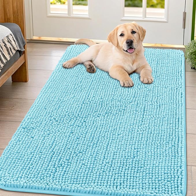 Smiry Dog Door Mat for Muddy Paws 54x32, Absorbent Dirt Trapper, Non-Slip Washable Chenille Entryway Rug for Inside Floor, Sky Blue, Classic Solid