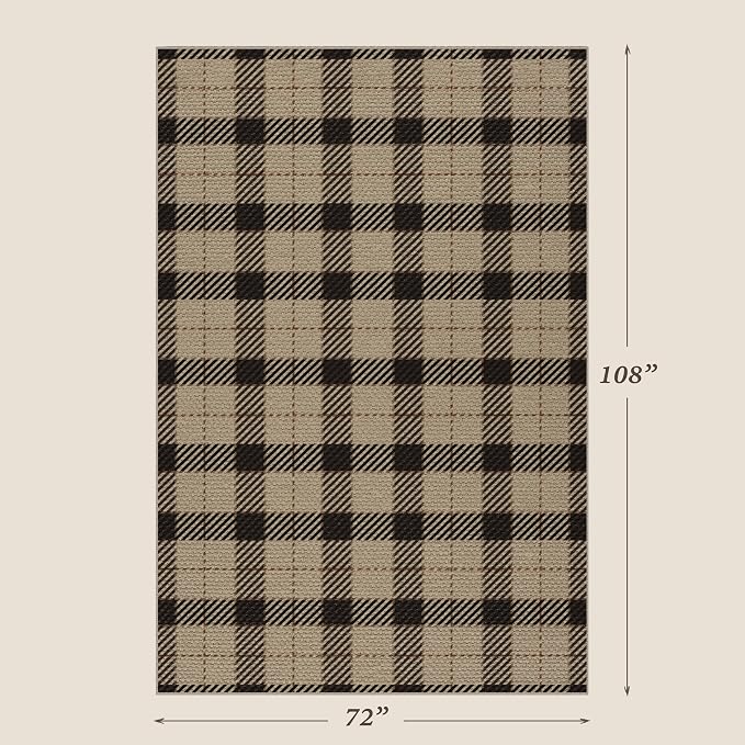 Jute Rug 6x9 for Living Room, Washable Black and Brown Rug for Dining Room, Indoor Outdoor Geometric Non Slip Vintage Farmhouse Carpet for Camping, Classic Beige Plaid Décor