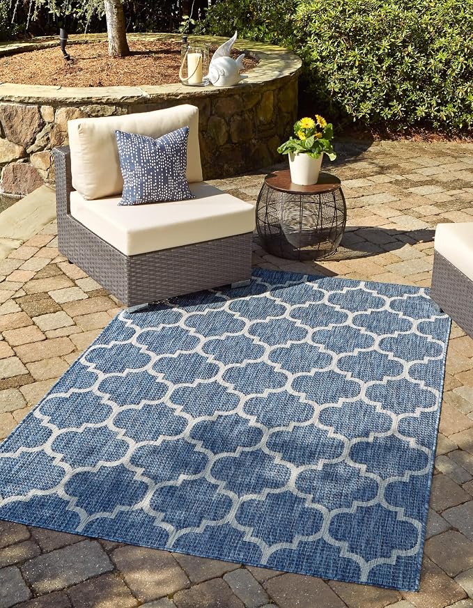 Unique Loom Outdoor Trellis Collection Area Rug (10' x 13' 1" Rectangle, Navy Blue/ Ivory)