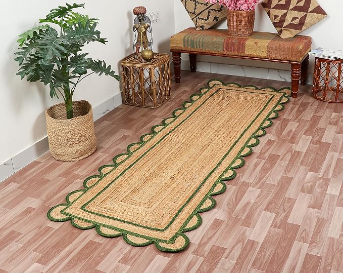 Scalloped Natural Jute Area Rug for Bedroom Living Room, Kitchen, Patio, Hallway, Entryway, Indoor, Outdoor, Farmhouse, Modern Carpet, Door Mat Green, 2x3 ft.