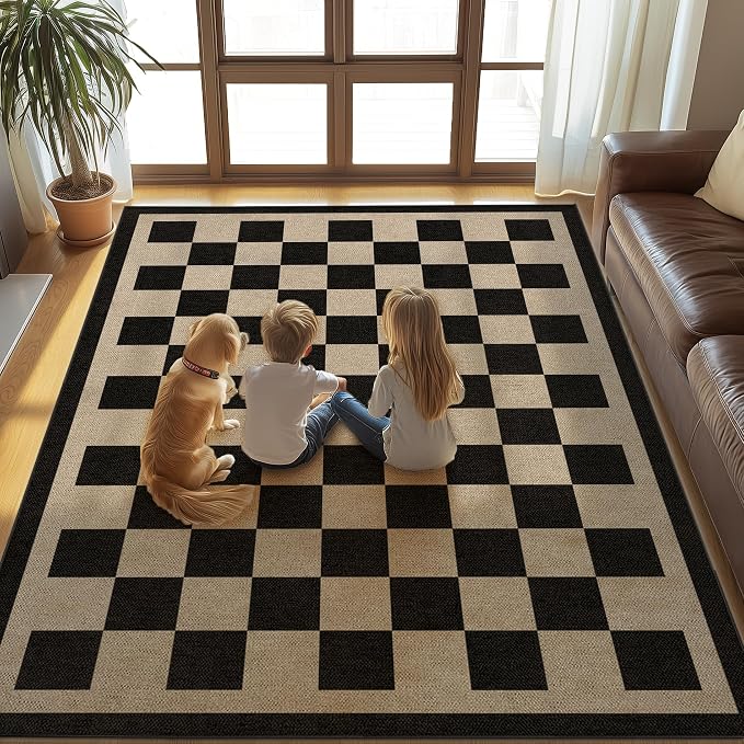 Washable Checkered Easy Jute Rug, 8x10 Black Checkerboard Boho Geometric Outdoor Indoor Patio Large Area Rug, Low Pile Lightweight Non Slip Carpet Mat for Living Dining Room Bedroom Classroom Backyard