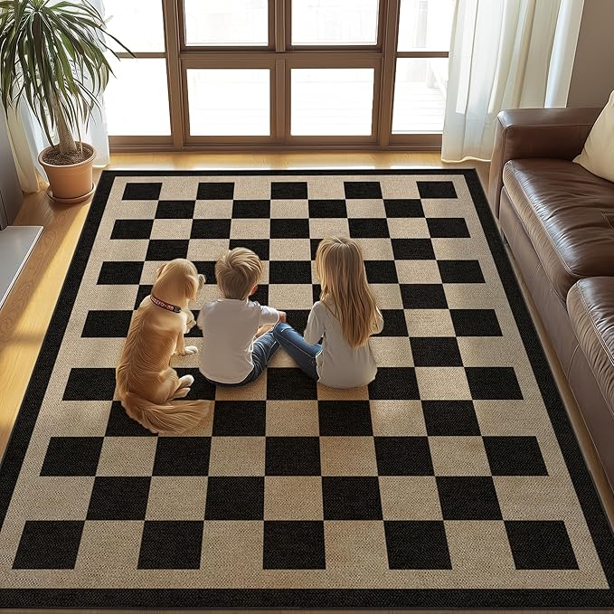 Washable Checkered Easy Jute Rug, 3x5 Black Checkerboard Boho Geometric Outdoor Indoor Patio Small Rugs, Low Pile Lightweight Non Slip Neutral Carpet Door Mat for Bedroom Entryway Front Door Farmhouse