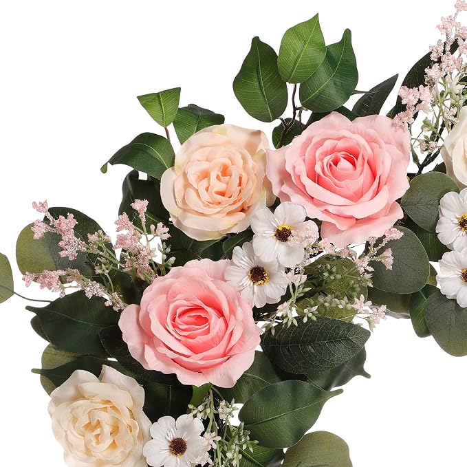 24" Artificial Rose,Camellia,babysbreath Floral Spring Wreath with Green Leaves