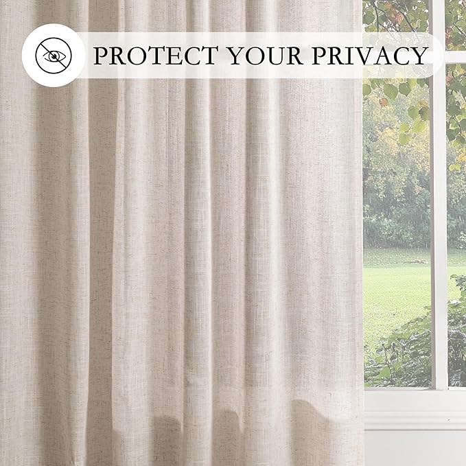 MYSKY HOME Extra Long Curtains for Living Room, Natural Linen Window Curtain Drapes for Sliding Glass Door Soft Boho Light Filtering Semi Sheer Backdrop Panels, 50 x 108 Inches, 2 Pieces