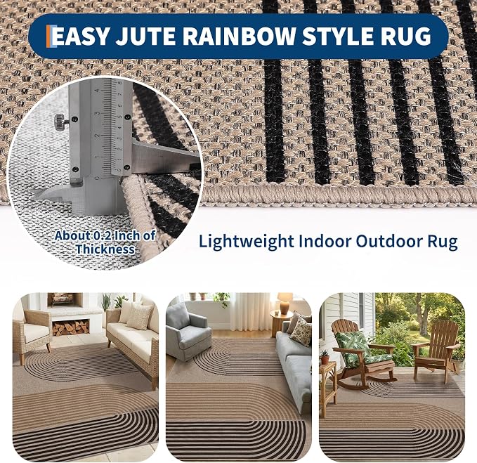 GarveeHome Modern Rainbow 8x10 Easy Jute Area Rug for Living Room -Farmhouse Indoor/Outdoor Carpet, Non-Slip & Non Shedding for Bedroom, Dining Room, Office, Backyard Patio