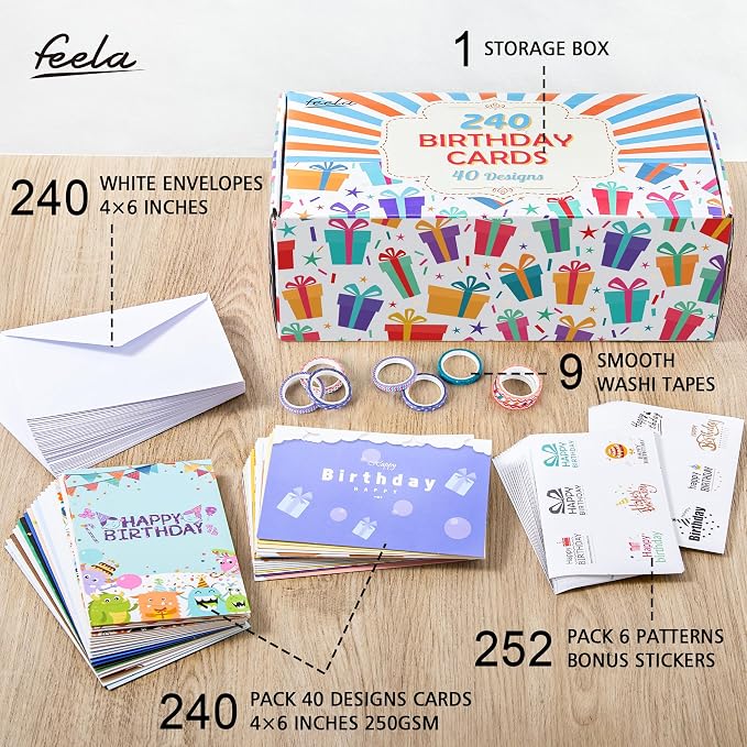 feela Birthday Cards Bulk, 240 Pack 40 Designs Happy Birthday Card Assortment Box with 240 Blank Envelopes, 252 Pieces of Stickers, 9 Washi Tapes, Greeting Cards for Employees Family, 4” X 6”